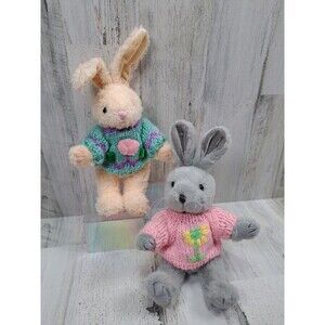 Set Of 2 Chrisha Plush Stuffed Easter Bunny Rabbit Pink Green Sweaters Basket